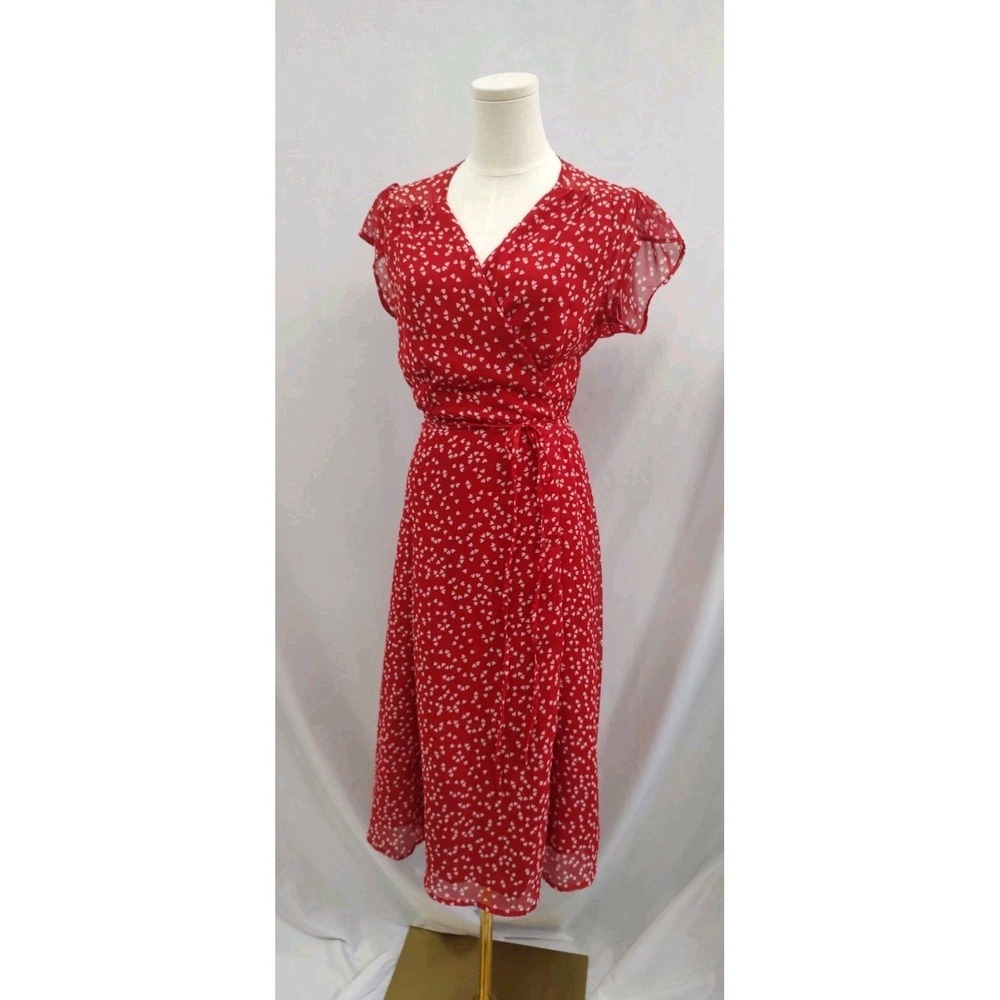 Urban Outfitters Wrap Dress Retro Style Romance Red Heart Print Chiffon V Neck M - Picture 3 of 8